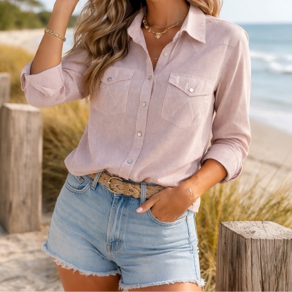 Wrangler Tops - Wrangler Western Snap Shirt Women’s M Red Pinstripe Cotton Cowboy Top